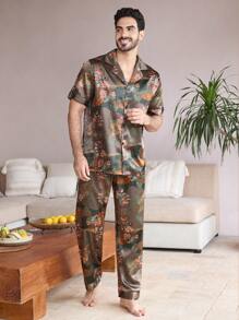Manfinity ChillVibe Men's Floral Print Button-Front Short Sleeve Top And Pants Pajama Set