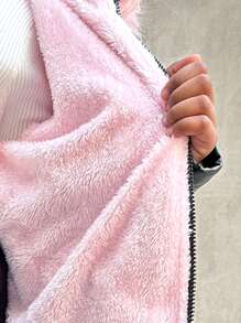 SHEIN Jaqueta De Lã Quente Com Capuz Para Meninas Pré-Adolescentes Com Gola Rosa, Casaco Casual De Inverno