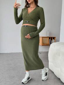 SHEIN Maternity Women's Letter Patched Long Sleeve Cropped Top & Bodycon Skirt 2Pcs Set - Green - View 6