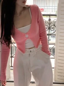 DAZY Women's Solid Color V-Neck Cropped Fitted Cardigan Sweater,Fall Clothes - Pink - View 3