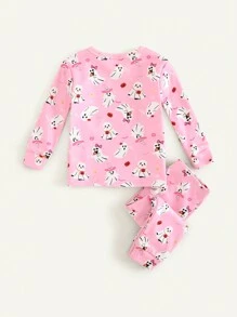 Cozy Pixies 2pcs Baby Girl Snug Fit Halloween Ghost Print Knitted Crew Neck Sweatshirt And Pants PJ Set - Pink - View 2