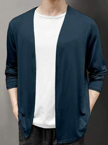 Manfinity Homme Men's Solid Color Long Sleeve Minimalist Cardigan, Casual Everyday Wear - Navy Blue - View 3