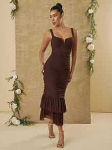 Hauture V Neck Ruched Mesh Sleeveless Dress - Coffee Brown - View 5