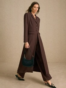 Poéselle 女款棕色单排扣宽肩带修身两侧真口袋长袖长款西装外套，棕色长款风衣外套，秋季女装，冬季大衣，冬季女装外套，日常出游，休闲百搭，可购买同款裤装，适合秋季搭配及正式商务场合 FW24， - 巧克力棕 - 查看 5