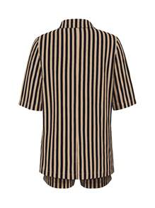 Conjunto de 2 piezas de camisa y pantalones cortos a rayas casuales para mujer Vaiaye, con top de manga corta a juego con pantalones cortos, adecuado para uso diario, elegante atuendo para damas - Caqui - Ver 5