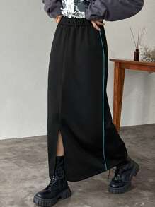 FRIFUL Váy suông thẳng xẻ tà tương phản thường ngày cho nữ - màu đen - Xem 1