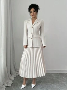 Elenzga Bộ vest thanh lịch gồm áo khoác dài tay cài nút phía trước màu trơn và chân váy mini xếp ly cho nữ - Màu be - Xem 4