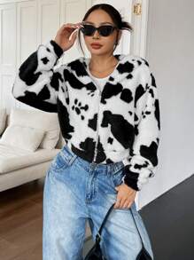 Comfortcana Women's New Autumn Cow Print Fluffy Hooded Cardigan Jacket - Black and White - View 5