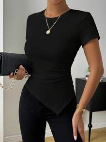 Chiquease 纯色圆领短袖简约T恤，休闲日常穿着 - 黑色 - 查看 4