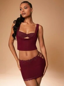 Hauture Women's Lace Patchwork Applique Bodycon Burgundy Mini Skirt,Autumn Bandage Side Cut-Out Strap Detail Night Out Skirts For Club Party Performance - Burgundy - View 6