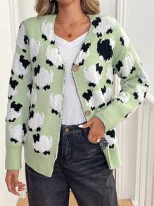 SHEIN LUNE كارديجان أكمام طويلة أمامي بأزرار بياقة على شكل حرف في رقبة بطباعة كرتونية - أخضر - مشاهدة 5