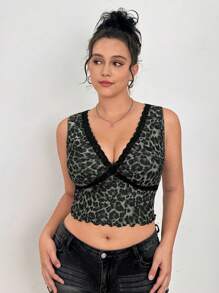 SHEIN EZwear 大码女式橄榄绿色蕾丝边透明背心 - 軍綠色 - 查看 6