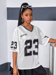 SHEIN Camiseta casual de manga caída con cuello en V de punto y malla en contraste con estampado numérico para adolescentes