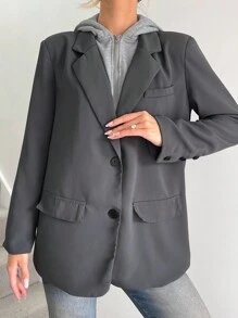 SHEIN Essnce Women Blazers,Women Hooded 2 In 1 Suit Jacket, Casual Loose Blazer, Grey, Women Office Wear, Business Casual Ladies OutfitWomen Blazers,Police Women Costume,Business Casual Women Costume, Winter Clothes,Elegant,Office Teacher Wear, Commuter Women's Suit - Grey - View 4