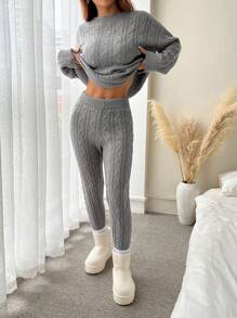 SHEIN EZwear Bộ 2 áo len dệt kim xoắn cổ tròn tay dài màu trơn cho nữ và quần - Xám - Xem 4