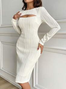 Modelyn Women's Sexy Solid Color Hollow-Out Fitted Dress, Spring/Fall - White - View 6