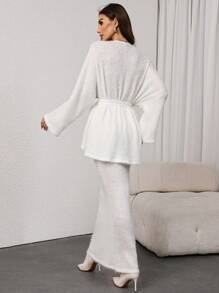 SHEIN Privé 女士针织毛绒抽绳宽松长袖上衣和鱼尾裙 - 杏色 - 查看 2