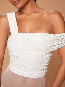 Hauture Asymmetric Neck Ruffle Sleeveless Flocking Bodysuit - White - View 5