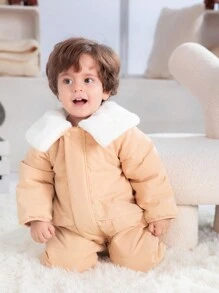 SHEIN Mono informal diario a juego para bebé niño, con cuello de felpa, cálido y grueso, adecuado para el invierno al aire libre