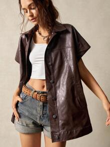 Bohemela Vestido de camisa de manga larga oversize de unicolor PU para mujer, Top de manga corta - Marrón - Ver 5