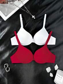 Solid Color Minimalist Steel Hoop Bra Bra Packpush Up Braspush Up Bra Two Set 2 Pcs - Multicolor - View 3