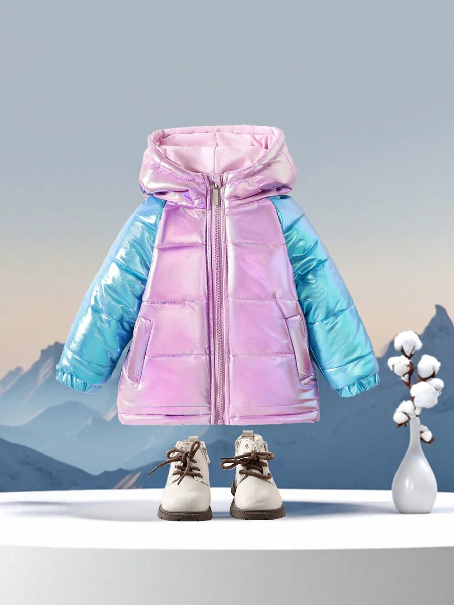 Baby Girls' Color Block Hooded Padded Coat, Simple Daily Style - Purple - View 1