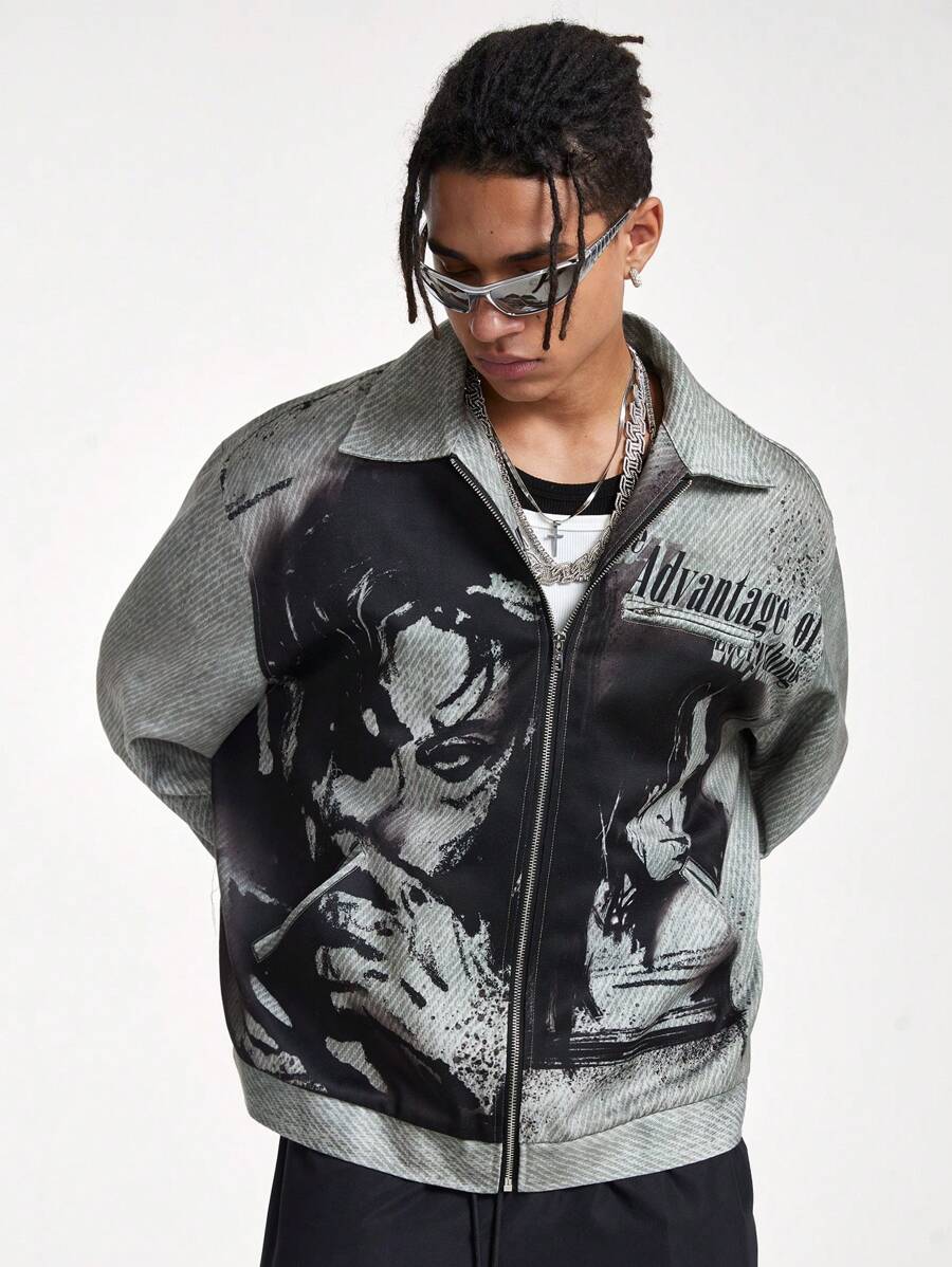 Manfinity RebelGame Men's Digital Print Zip-Up Casual Long Sleeve Jacket - Grey - View 1