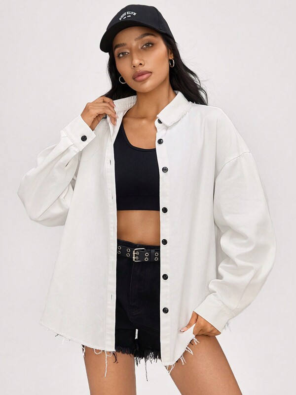 SHEIN BASICS Cămașă casual cu mânecă lungă, țesătă în culoare uni, cu rever deschis în față, jachetă pentru femei, cu potrivire relaxată