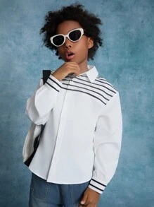 SHEIN Tween Boy 编织拼布条纹翻领休闲宽松长袖衬衫 - 黑與白 - 查看 4