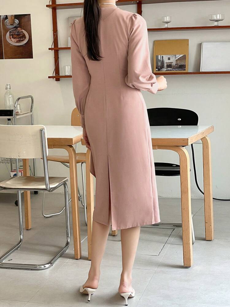 Women's Solid Color V-Neck Asymmetrical Dress,Fall Clothes Long Sleeve Dress Maxi Dress