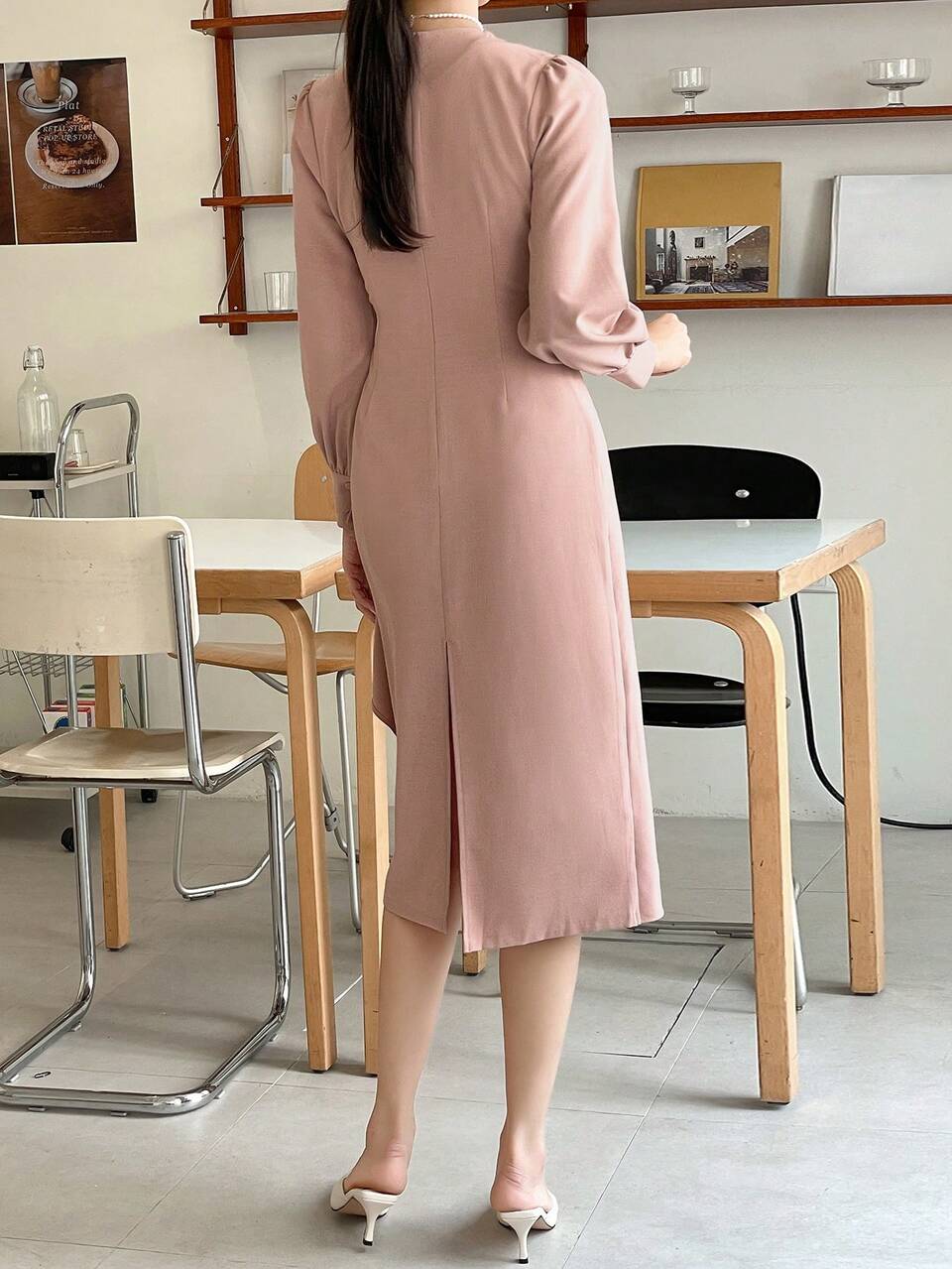 Women's Solid Color V-Neck Asymmetrical Dress,Fall Clothes Long Sleeve Dress Maxi Dress