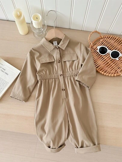 SHEIN LMoss Kids LMoss Newborn Baby Girl Solid Color Khaki Cute Jumpsuit With Long Pants, Autumn & Winter