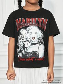 Marilyn Monroe X SHEIN Young Girl 1pc Black Casual Versatile English Letter & Figure Print Crew Neck Short Sleeve T-Shirt