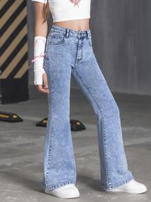 SHEIN Explorewe 青少年女孩休闲简约可爱甜美优雅口袋设计粉色蝴蝶结刺绣洗水牛仔喇叭裤 - 藍色 - 查看 6