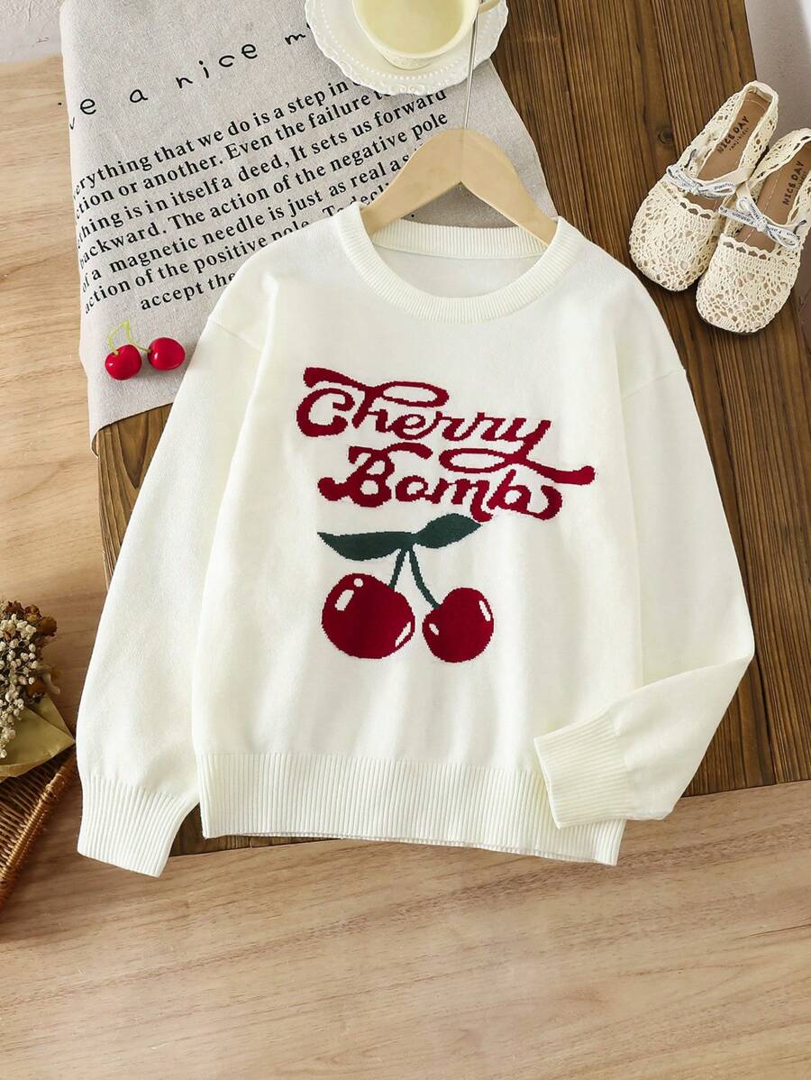 SHEIN Explorewe Tween Girl Cute Cherry Pattern Knitted Sweater, Children Autumn Casual Crew Neck Long Sleeve Pullover - Apricot - View 1