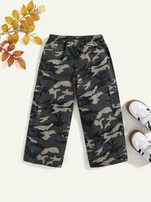 Cozy Pixies Young Boy Fashion Casual Cargo Pocket Design Camouflage Design Baggy Straight Leg Jeans For Daily Wear, Cargo Denim Pants, Fall/Winter Kids Clothes - Army Green - View 2