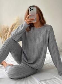 SHEIN EZwear Bộ 2 áo len dệt kim xoắn cổ tròn tay dài màu trơn cho nữ và quần - Xám - Xem 3