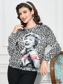 Marilyn Monroe X SHEIN Fall And Winter Black And White Round Neck Loose Sweatshirt , Leopard Print Portrait Pattern Sexy Casual Style