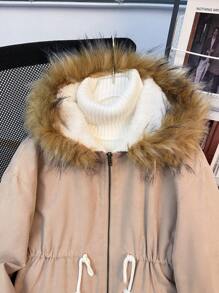 Abrigo medio holgado y cómodo de color beige para niña preadolescente, con capucha forrada y peludo cuello con bolsillos, abrigado para otoño e invierno