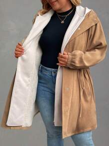 SHEIN LUNE 大码女式冬季纯色长袖二合一保暖内衬腰部抽绳连帽夹克冬季服装 - 卡其色 - 查看 7