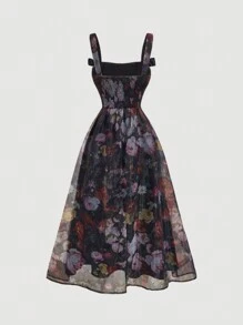 SHEIN MOD 大码女式黑色花卉印花蝴蝶结复古长裙、黑色返校节礼服、女式连衣裙、优雅女式连衣裙、返校节礼服、夏季连衣裙、沙滩裙、太阳裙、波西米亚风度假装