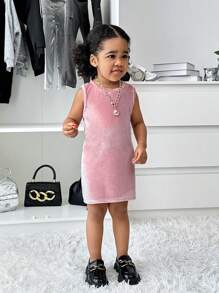 SHEIN Explorewe 2pcs Baby Girls' Winter Solid Color Fluffy Hooded Jacket & Sleeveless Dress Set - Apricot - View 4