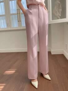 DAZY 女士纯色口袋直筒休闲商务裤，女士低腰正装裤 - 粉色 - 查看 5