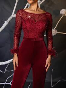 Glamrae Eleganter, wunderschöner, roter, glitzernder Jumpsuit mit falschen roten Perlen und Pailletten, Patchwork-Stretchvelours mit transparenten Ärmeln, geeignet für Hochzeit, Party, Urlaub, Abschlussfeier, Damen Partybekleidung (stark verziert) - Bordeaux - Übersicht 5