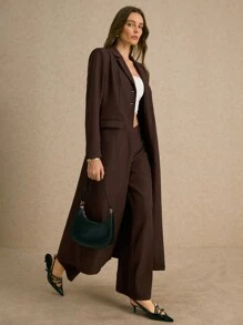 Poéselle 女款棕色单排扣宽肩带修身两侧真口袋长袖长款西装外套，棕色长款风衣外套，秋季女装，冬季大衣，冬季女装外套，日常出游，休闲百搭，可购买同款裤装，适合秋季搭配及正式商务场合 FW24， - 巧克力棕 - 查看 3