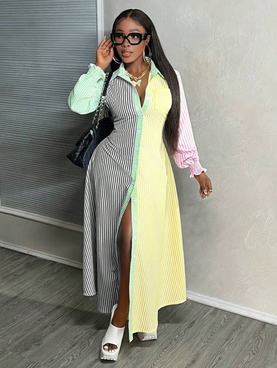 BamGleam 女士拼色条纹长袖时尚休闲连衣裙 - 彩色 - 查看 1