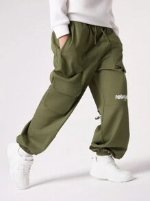 SHEIN Tween Boys' Woven Solid Color Loose Fit Casual Pants With Letter Printing And Multiple Pockets - Army Green - View 3