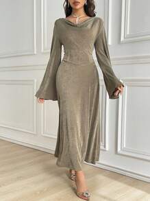 Modelyn 女士纯色垂领优雅长袖阿拉伯朴素连衣裙长款晚礼服 - 綠色 - 查看 6