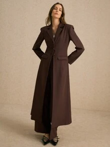Poéselle 女款棕色单排扣宽肩带修身两侧真口袋长袖长款西装外套，棕色长款风衣外套，秋季女装，冬季大衣，冬季女装外套，日常出游，休闲百搭，可购买同款裤装，适合秋季搭配及正式商务场合 FW24， - 巧克力棕 - 查看 4