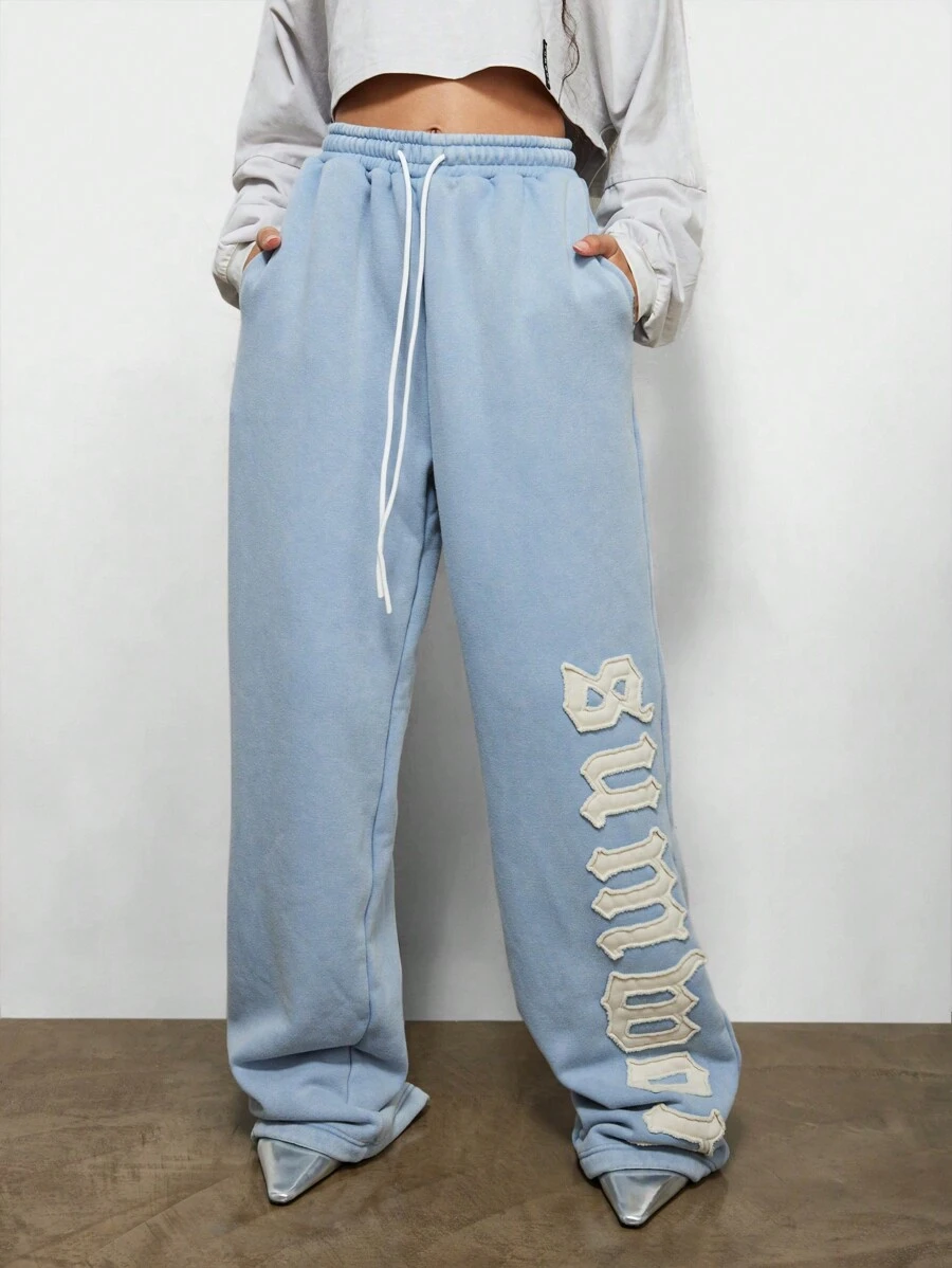 SUMWON WOMEN Wide Leg Washed Sweatpants With Applique - Baby Blue - View 1